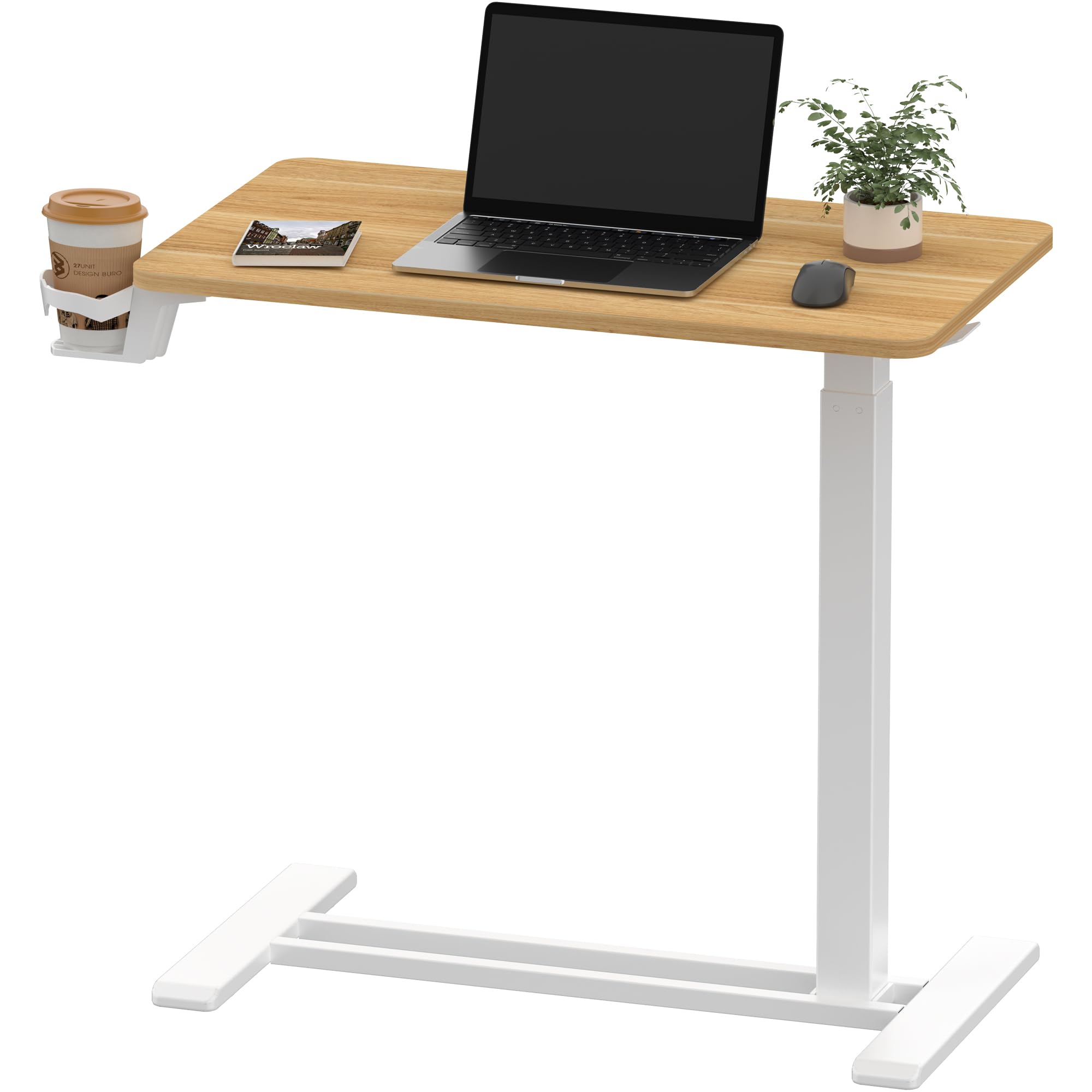 SANODESK Medical Adjustable Overbed Bedside Table with Hidden Casters, Pneumatic Mobile Laptop Computer Standing Desk Cart with Tray, Hospital and Home Use(27.6