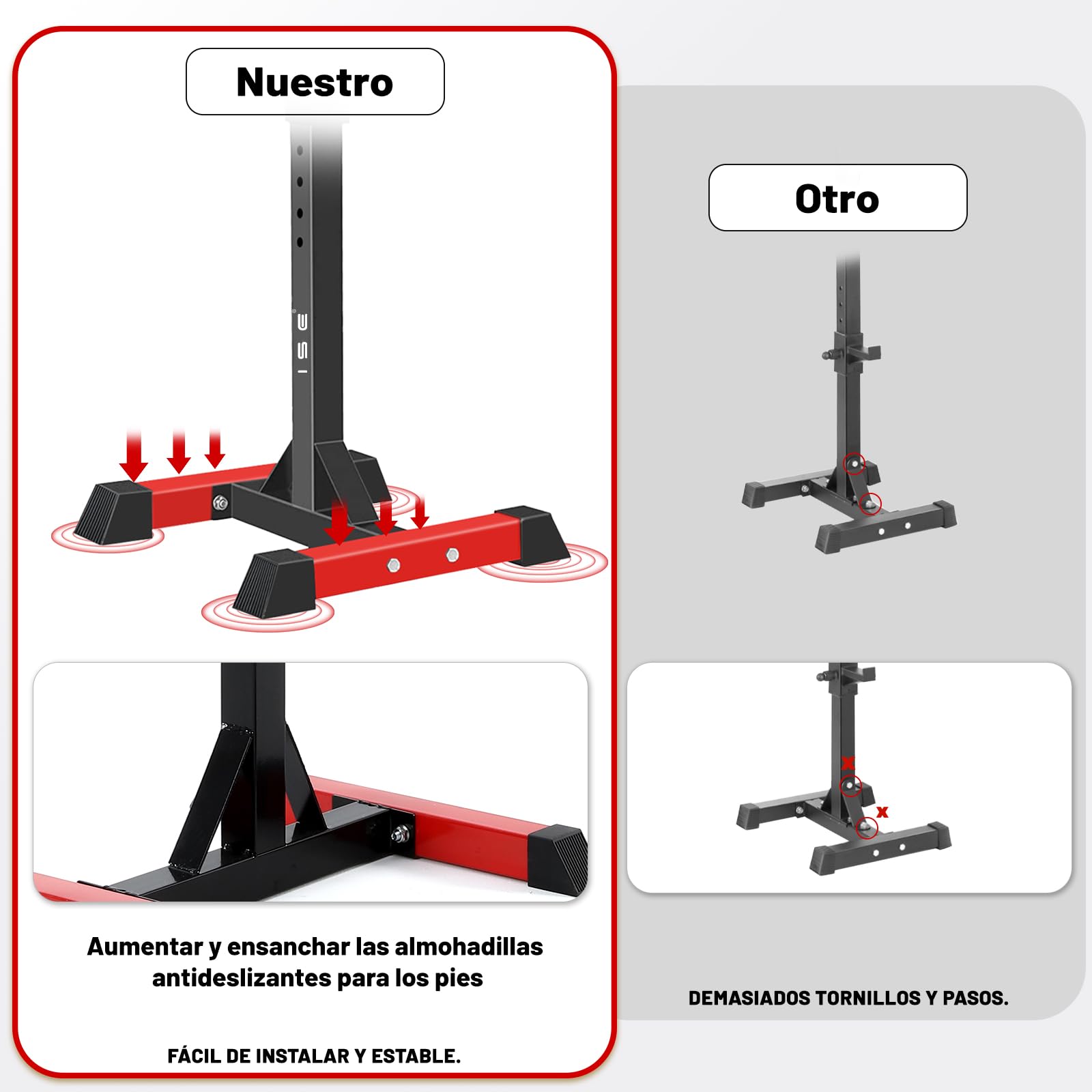 ISE Soporte Barra Pesas ajustable, Soporte Pesas Barra, Rack Sentadillas y Press Banca Squat Rack Stand Gym para Fitness, Soporte Para Pesas de Levantamiento Gimnasio para Banco de Peso, Máx 200kg