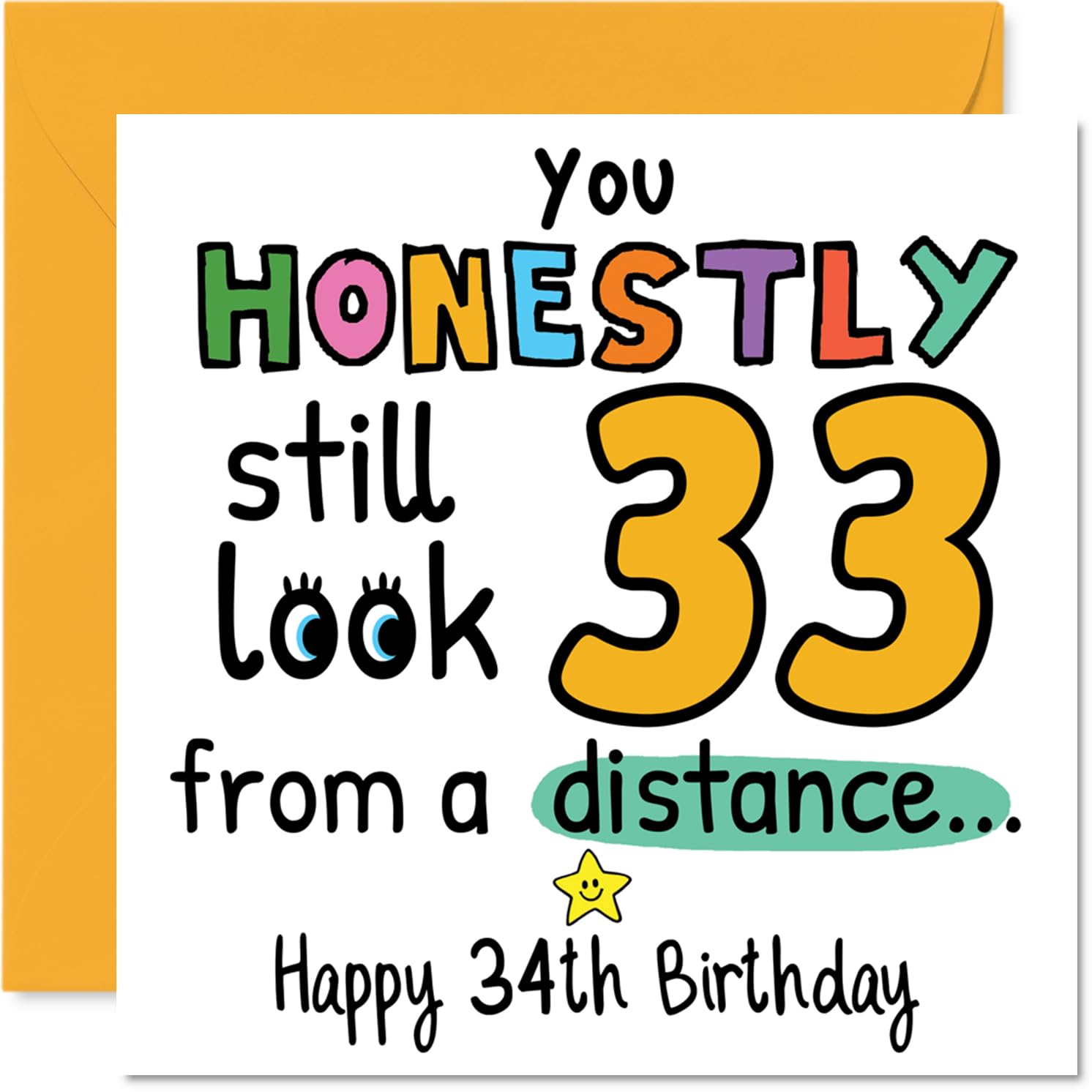 34th Birthday Cards for Women Men - From a Distance - Happy Birthday Card for 34 Year Old Woman Man Uncle Cousin Neighbour Nephew, 145mm Bday Greeting Cards