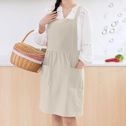 Miniatura 3 de Delantal de lino de algodón para mujer, con bolsillos, delantales de chef artístico, para cocina, hornear, jardinería, pintura