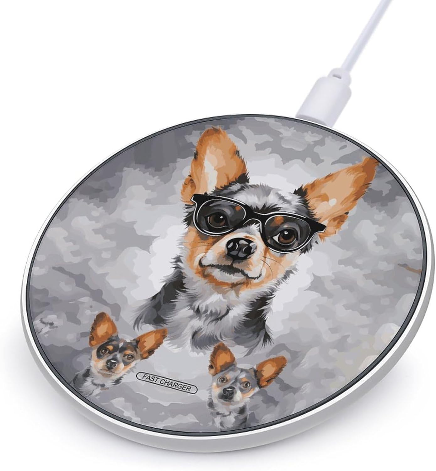 Chihuahua Dog Glasses Qi‑Certified 10W Fast Wireless Charging Pad, Slim Anti‑Slip Portable Wireless Charger with USB Cable for Qi‑Enabled Smart Phones