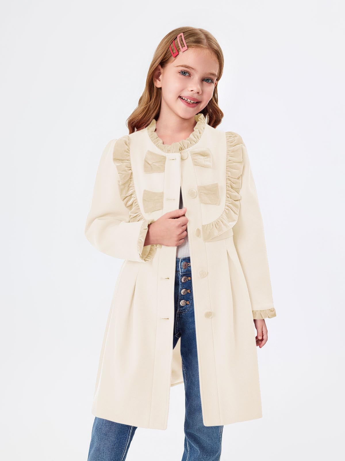 Haloumoning Abrigo de vestir para niñas con volantes y botones, bonito lazo, chaquetas largas de invierno con bolsillos de 3 a 12 años