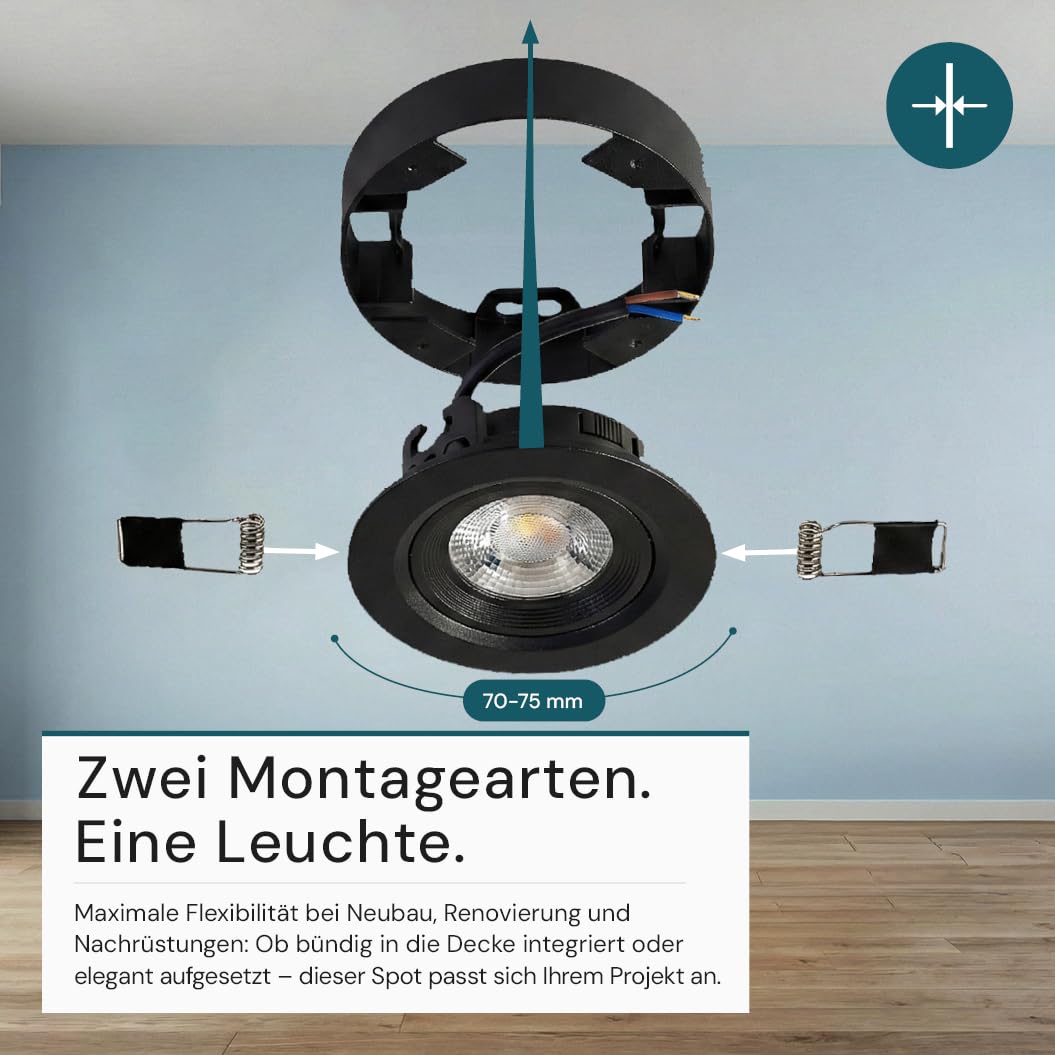 LUXULA LED Einbaustrahler Schwarz 12 Stück - Deckenspot Einbau/Aufbauspot 230V, CCT 3000K 4200K 6500K, 5 W 500 lm, schwenkbar, 38° Spots für Decken innen, LED Deckenlampe flach, Lochmaß 70-75mm