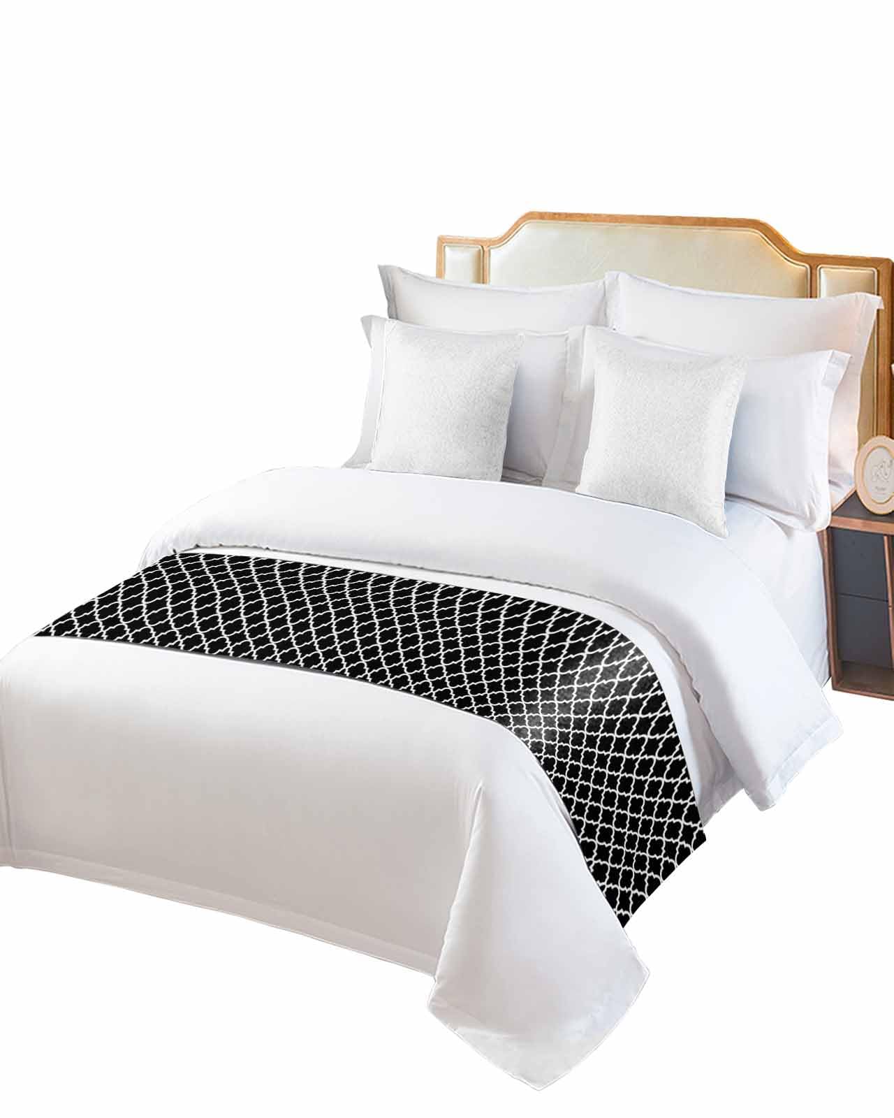 Twin Bed Runner Retro Geometric Morocco Pattern Bedding Runner Scarves Decorative Bed Scarf, Minimalist Figure OnBlack Soft Bedding Scarf for Bedroom Hotel Wedding 83x20in