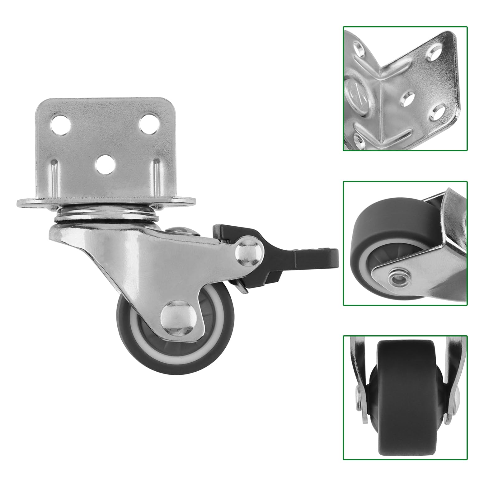 Lot de 4 Roulettes Pivotantes Pour Meubles, dont 2 avec Frein, Avec 20 vis, 25 mm Roue en Caoutchouc pour Chariot, Argentées