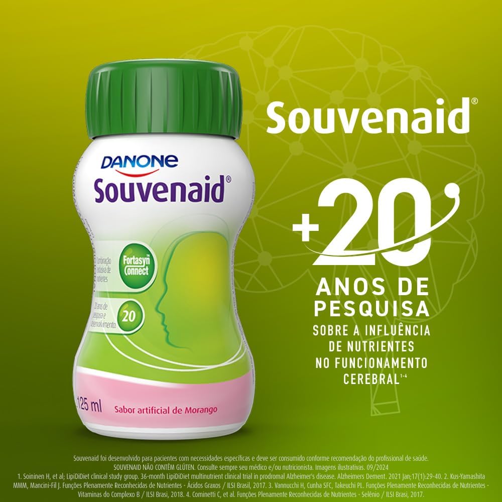 Souvenaid Suplemento Nutricional, Ômega-3, Vitaminas C e B, Selênio, Sabor Morango, 4 Unidades de 125ml