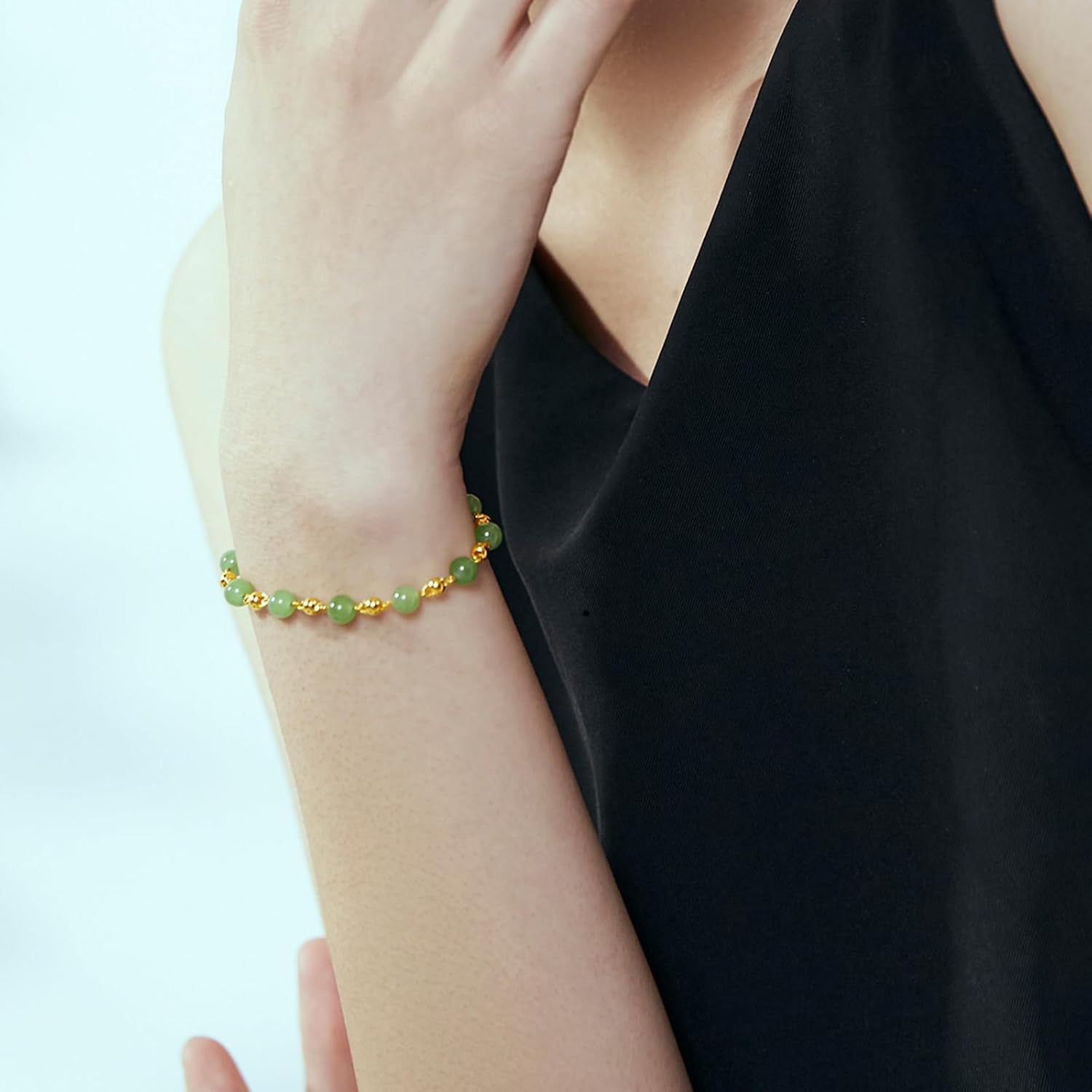 24K Gold Bracelet Women Jade Bracelets Healing Gemstone Green Beads Chain Good Luck Jewelry Ball Charm Adjustable Stackable Dainty Fortune Protection Real Gold Gifts Y078935