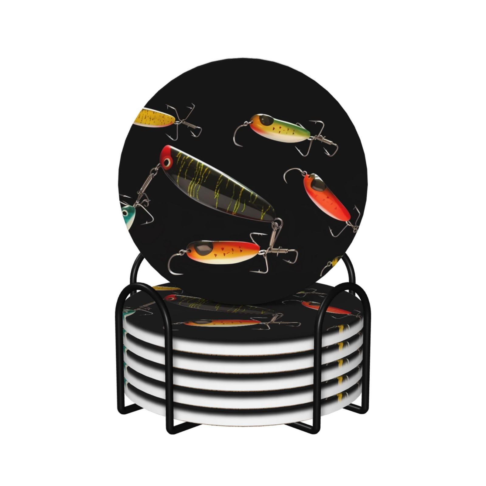 Fishing Lure Print Coasters for Drinks Set of 6 with Holder Cork Base Cup Coaster Absorbent Ceramic Cup Mat for Home Dining Room Decor