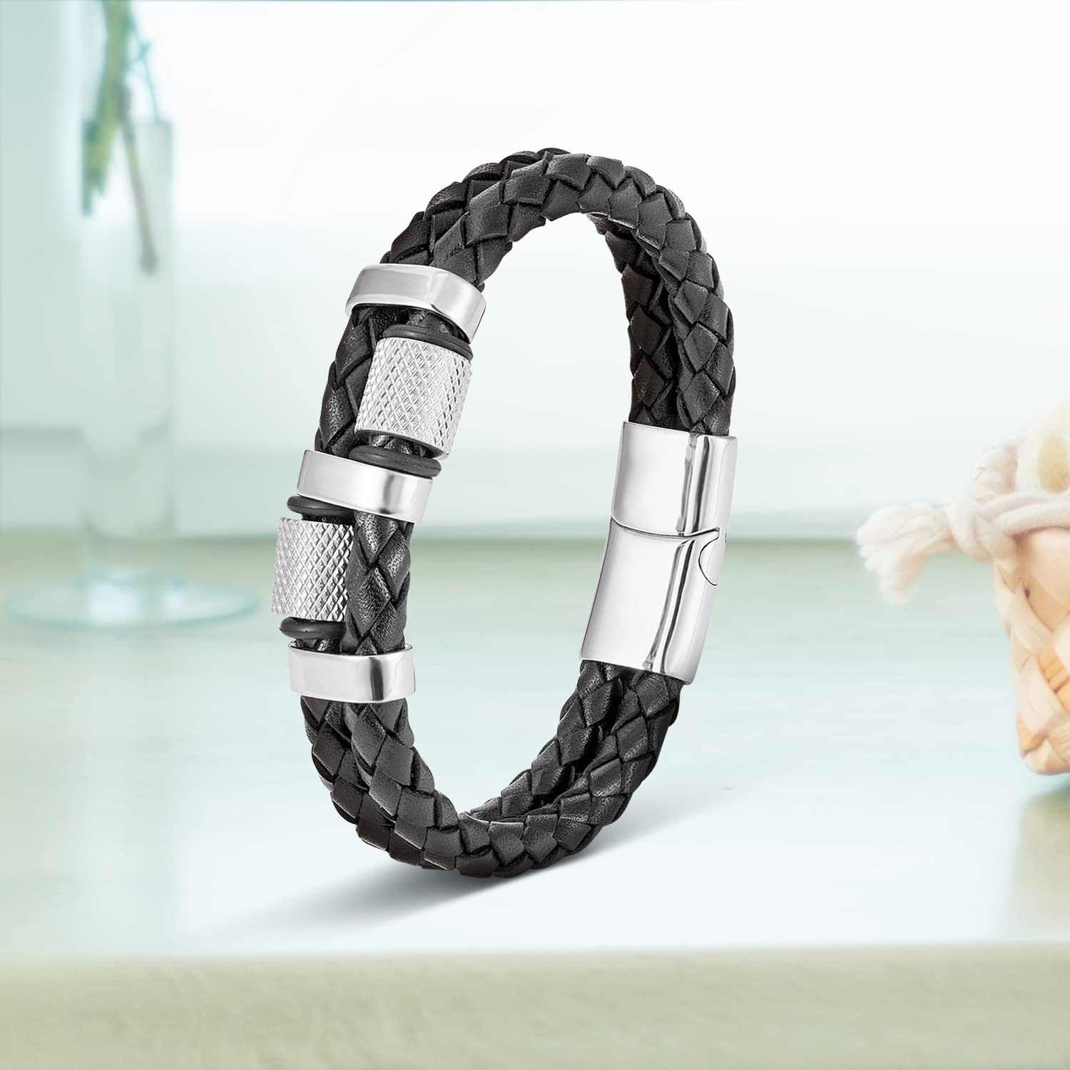 Silver Plated Leather Bracelet Stylish Jewellery for Men & Women