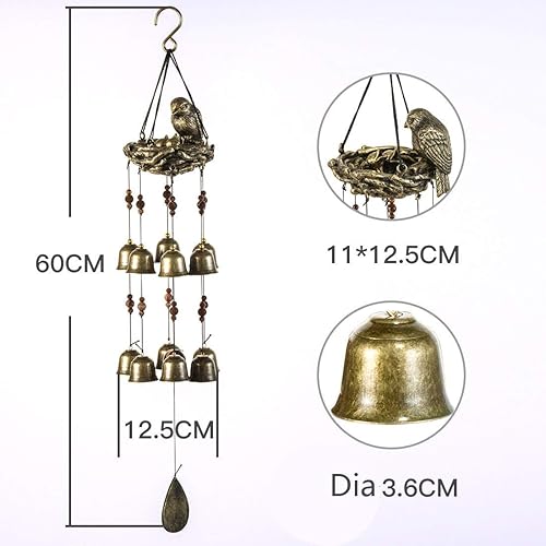 Miniatura 2 de Bwinka Carillón de viento de pájaros y nido, 12 campanas de bronce Grace para jardín, patio, patio y decoración del hogar con gancho (NC06)