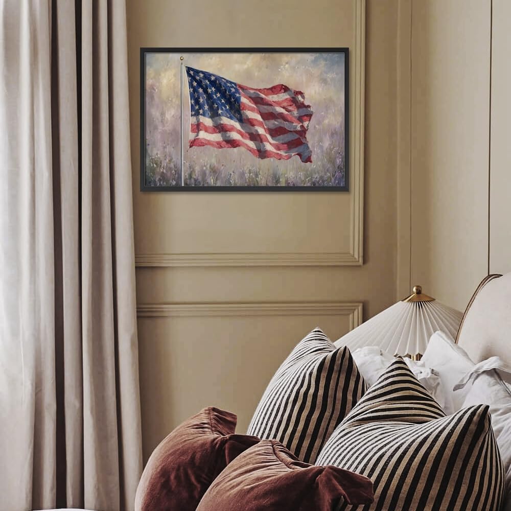 Framed Patriotic American Flag Wall Art-4th Of July Usa Samsung Frame Tv American Flag Painting Poster For Patriot Room Decor-Neutral Floral Art Print Picture For Apartment Decor