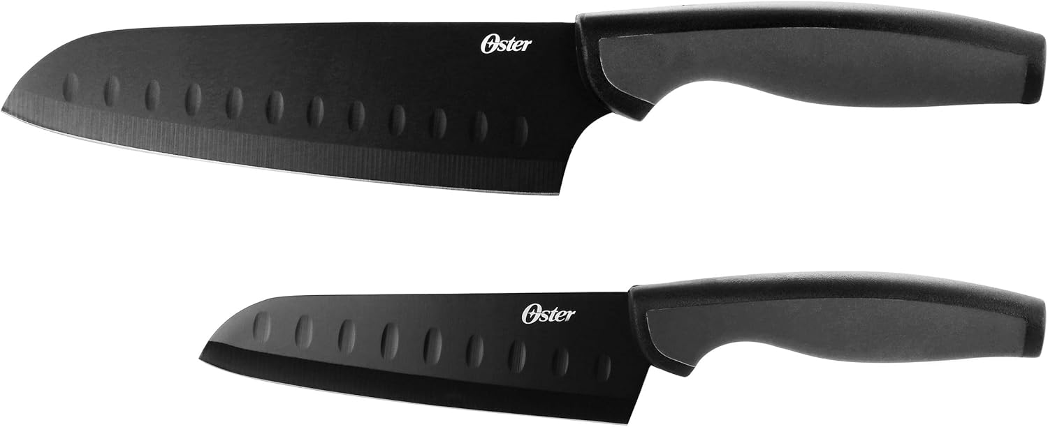 Oster Slice Craft 2 Piece Stainless Steel Santoku Knife Set in Black