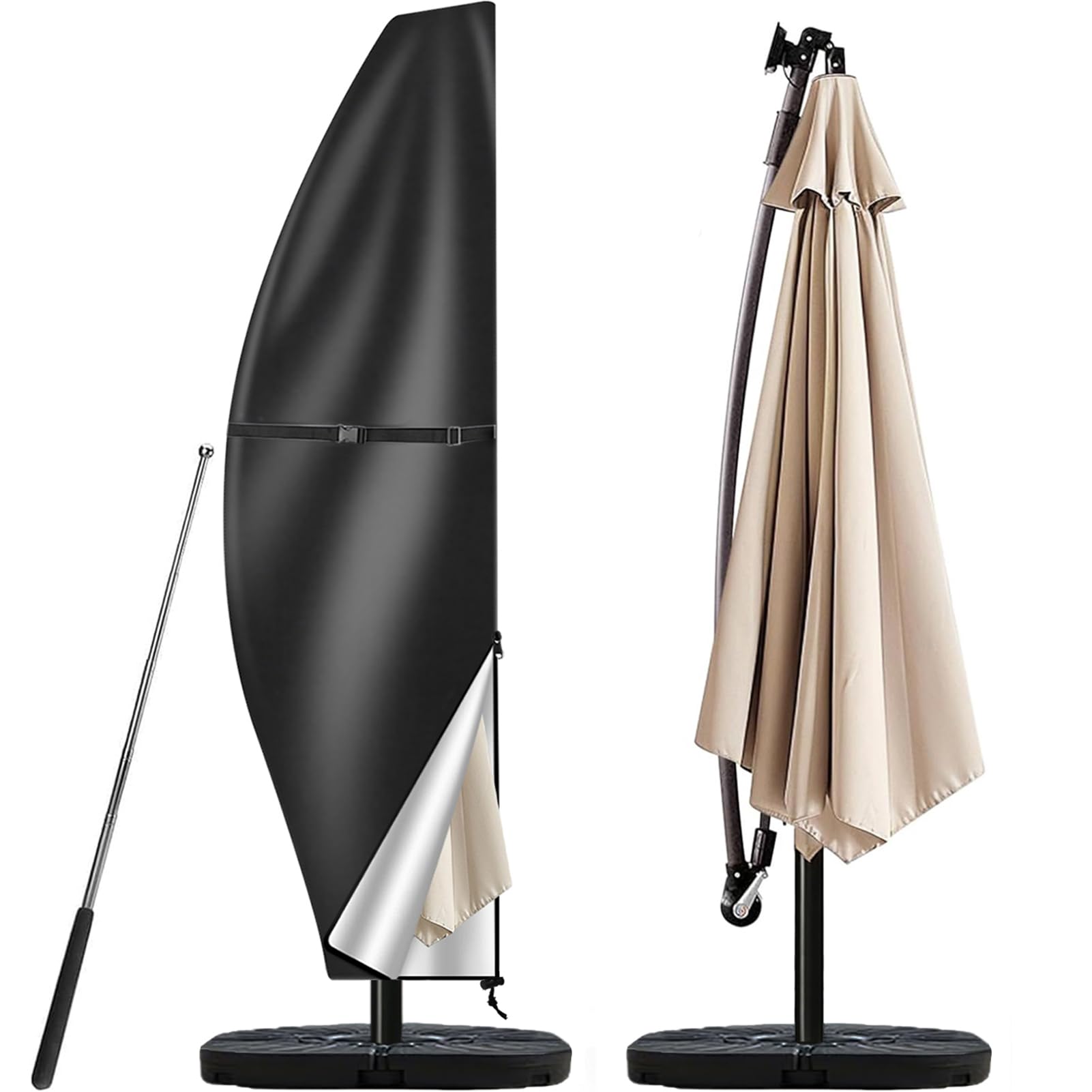 Teynewer Black Parasol Cover Waterproof, Garden Cantilever Umbrella Cover With 210D Oxford Fabric, Telescopic Rod And Zipper Fit For 2 To 4 M Banana Patio Umbrellas, Windproof & Anti-Uv - 280X30x81/46Cm