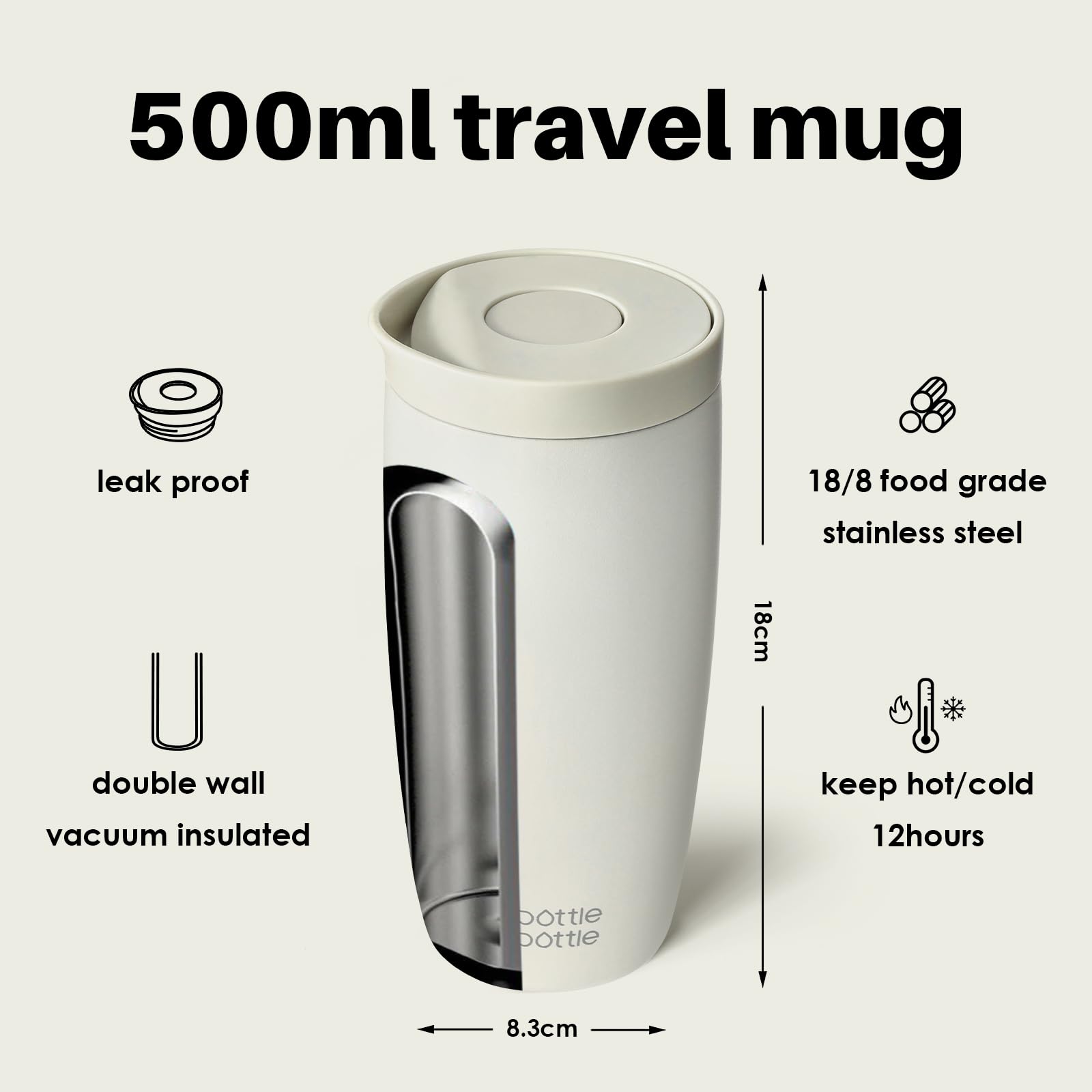 Bottle Bottle Insulated Travel Mug 500ml Stainless Steel Office Coffee Cup with Push Button Lid Keeps Cold and Hot for 8 Hours (Baby Gray) - Image 3