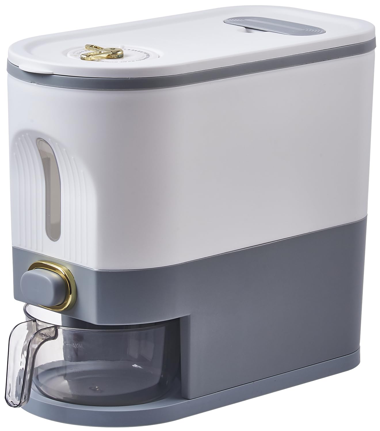 Sooyee 11 Lbs Rice Container, Large Grain Container Storage with Lid Measuring Cylinder Moisture Proof Household Cereal Dispenser Bucket for Kitchen Soybean Corn,White and Grey