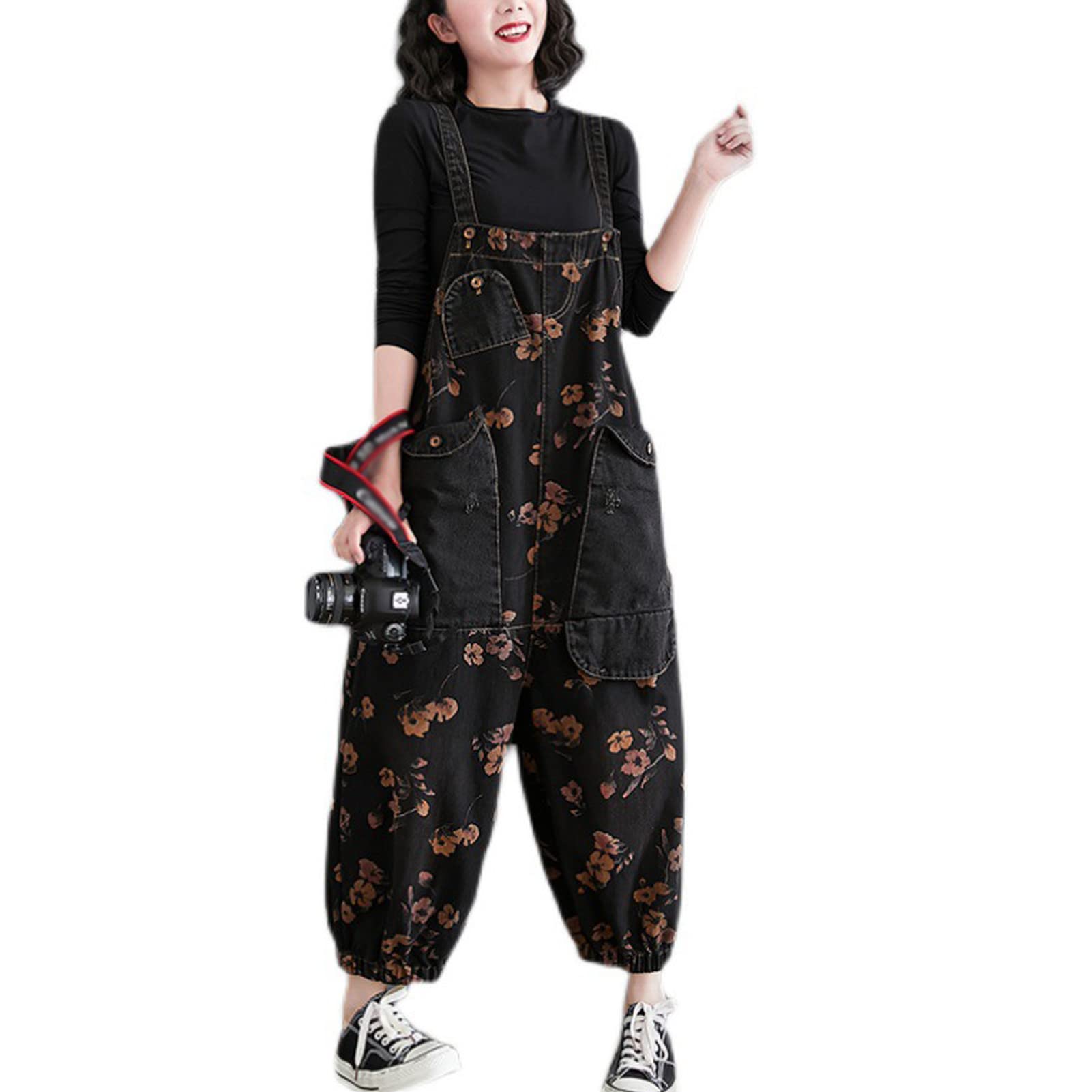 Salopette da donna in denim Salopette Pantaloni da donna Vintage Casual Baggy Jean Tute regolabili Tute Tute a gamba larga Tutina Pantaloni lunghi nero-XL