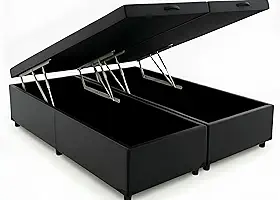 Cama Box Baú King Bipartido 96, Blindado, Pistão á Gás, Pés de Madeira (Corino, Preto)