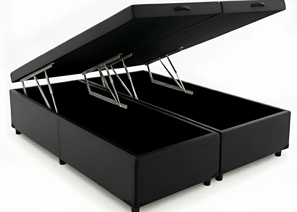 Cama Box Baú King Bipartido 96, Blindado, Pistão á Gás, Pés de Madeira (Corino, Preto)