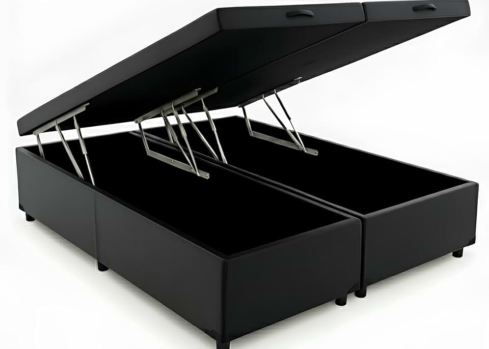 Cama Box Baú King Bipartido 96, Blindado, Pistão á Gás, Pés de Madeira (Corino, Preto)
