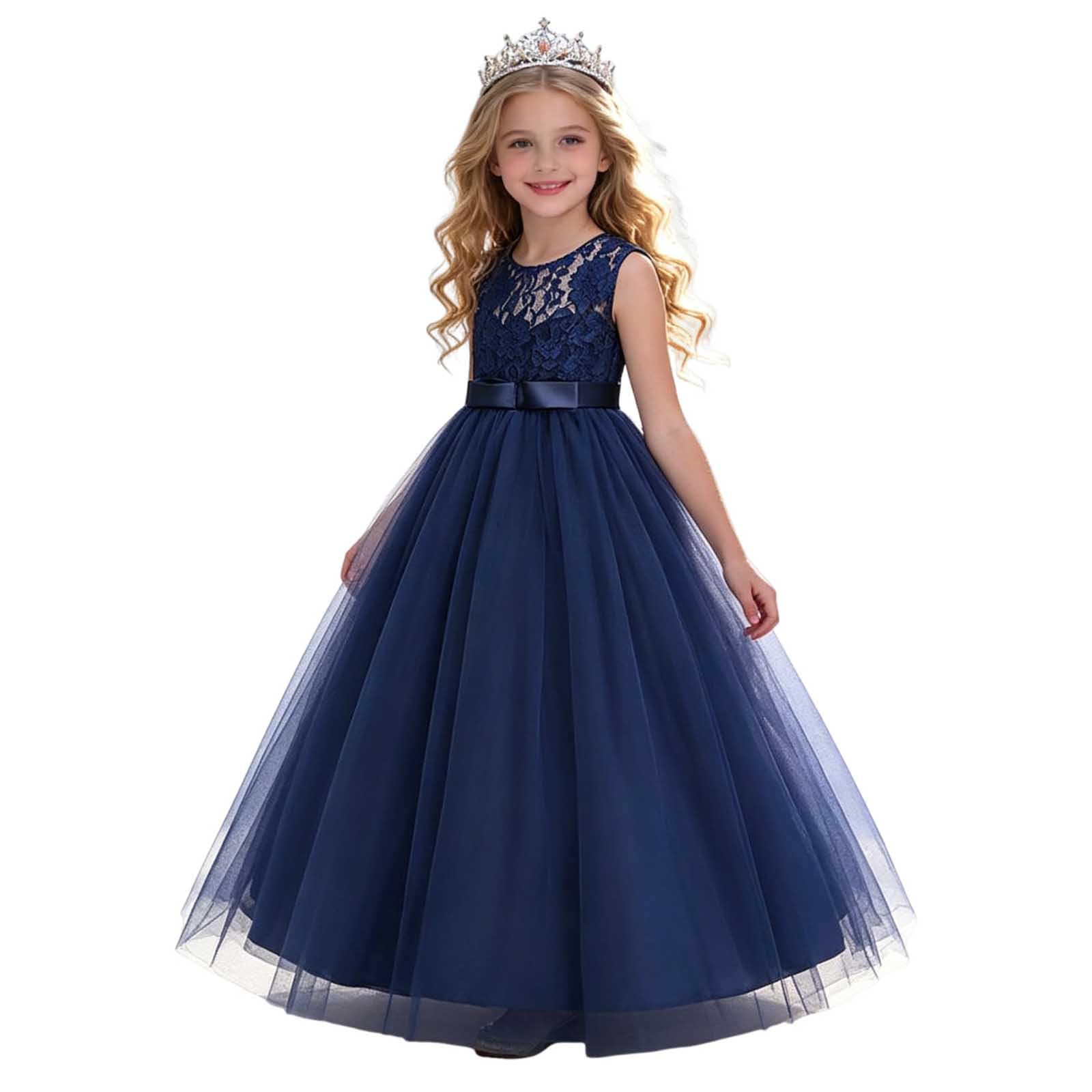 Girls Prom Dress Lace Bodice Tulle Maxi Dress Kids Sleeveless Satin Waist Princess Gown Elegant Style Fancy Dresses Wedding Pageant Birthday Party Formal Wear 5 Years Navy