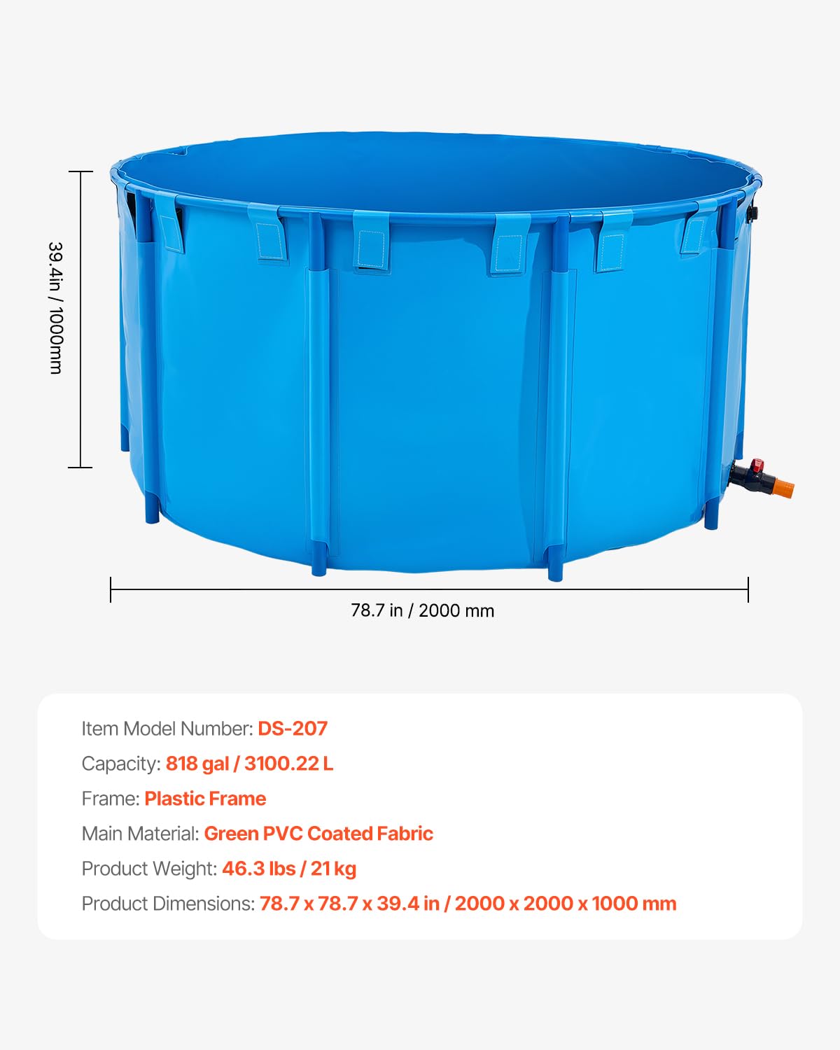 VEVOR Fischteich aus Segeltuch, mit 3100L Fassungsvermögen, Koi-Aquarium aus PVC, rundes Goldfischbecken mit stabilem Rahmen & Ablassventil, für Aquakultur, Koi-Zucht & Bewässerung (blau)