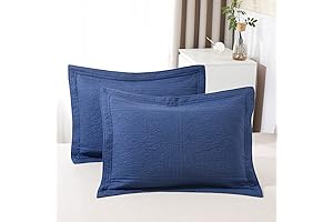 King-Sized Navy Blue Floral Pillow Shams with Quilted 100% Cotton Covers