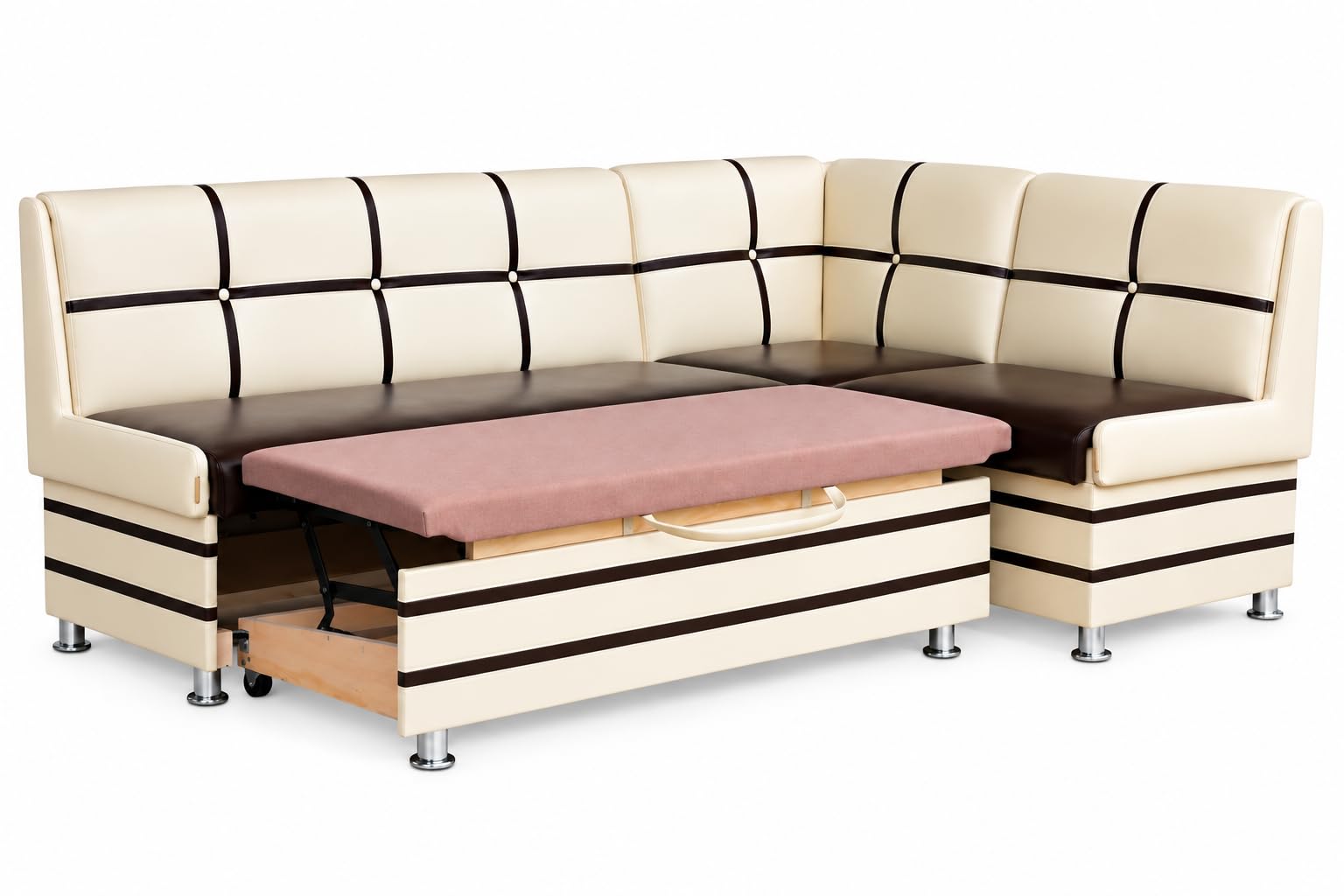 Rodnik Eckbank Korsika Maxi mit SCHLAFFUNKTION 213x142 cm, Polsterbank ausziehbar, Stauraum, Kunstleder Braun Beige, Küchenbank, Esszimmerbank