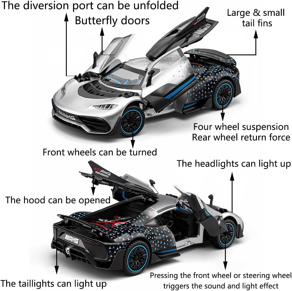 iLooboo Toy Car Model 1/24 Silver AMG ONE Alloy Collectible Vehicle Pull Back Die-Cast with Lights and Sound