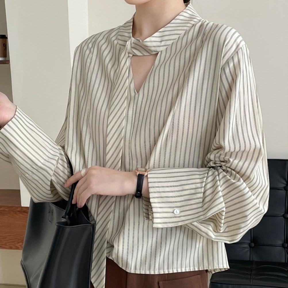 Blouses Élégantes Pour Femmes À Col Ruban Manches Longues Ajourées Fluides Rayées Pour Le Travail En Automne