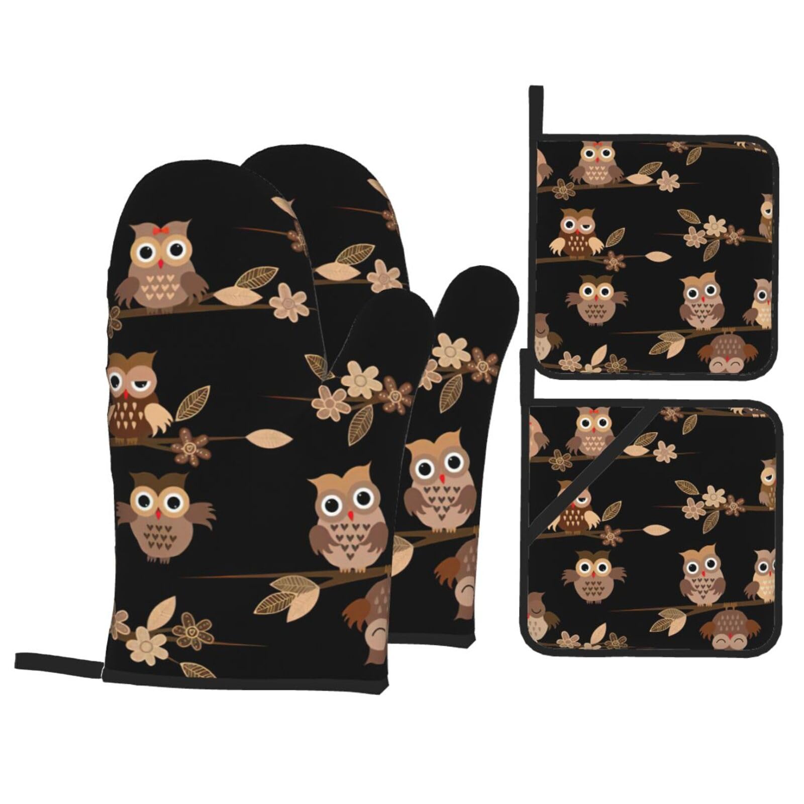 Nimongt Black Cute Brown Cartoon Owls Print Heat-Resistant 4-Piece Oven Kitchen Gloves For Baking Cooking Microwaving Essentials
