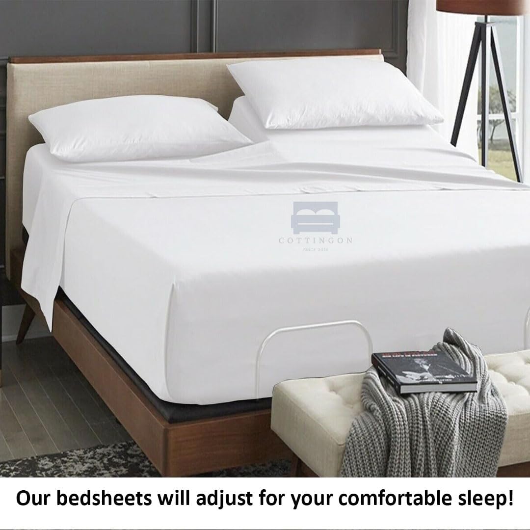 Cottingon Top Split King Sheets Set for Adjustable Bed - 4 Piece Sleep Number Bed Sheets - 100% Egyptian Cotton - 16 Inch Deep - 34 Split King - White Solid