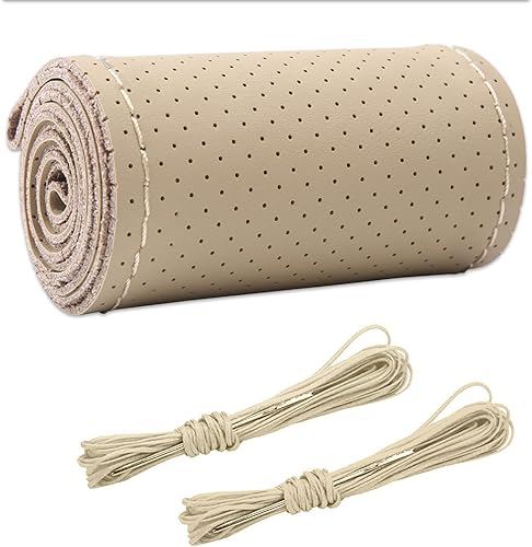 Funda de Volante de Cuero Genuino, Envolvente de Coser, Protector de Volante de Costura DIY, Protector de Volante de 15 Pulgadas Transpirable Beige