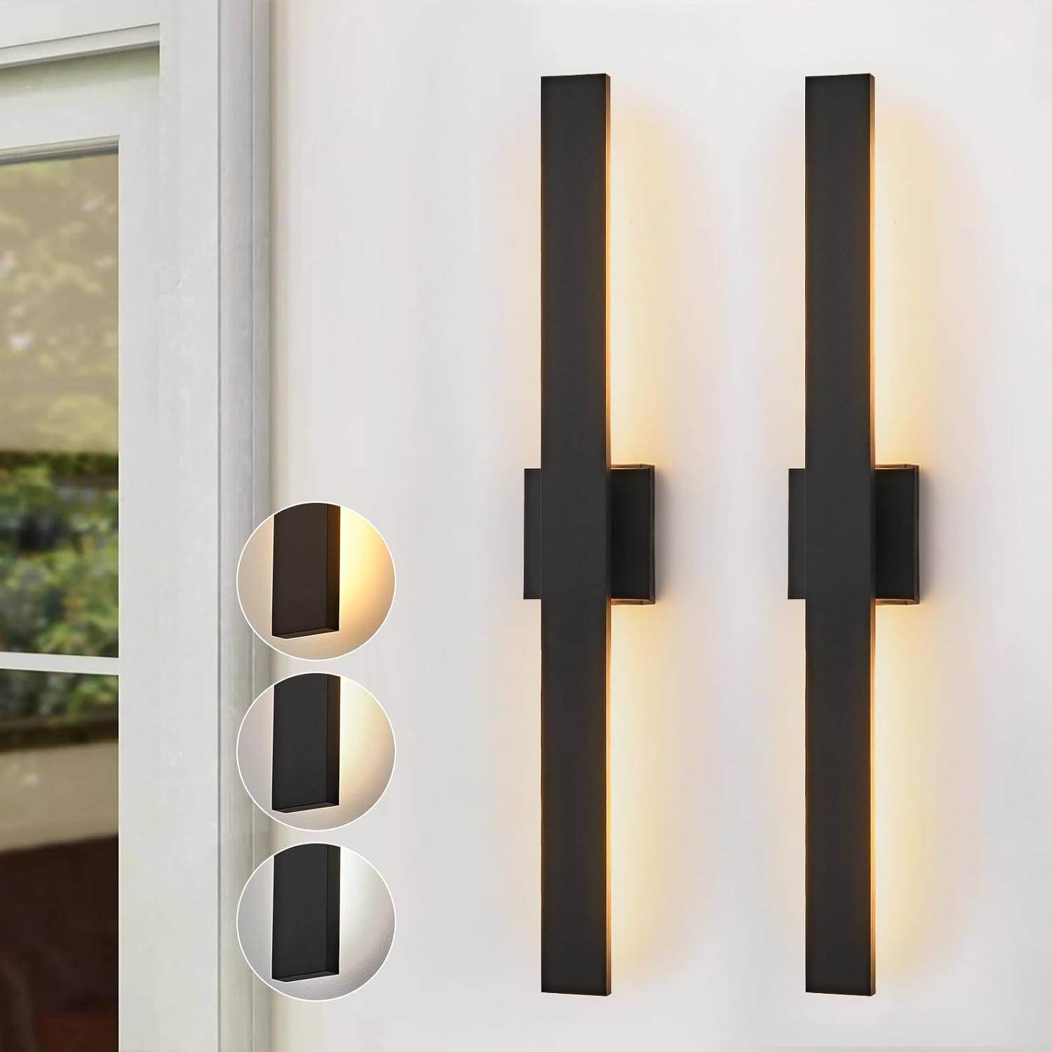upgraded 2-pack 40.1in black long modern led outdoor wall lights 3000k 4000k 5000k dimmable exterior wall sconce outside light fixtures for house garage front door 40.1inch 2 pack