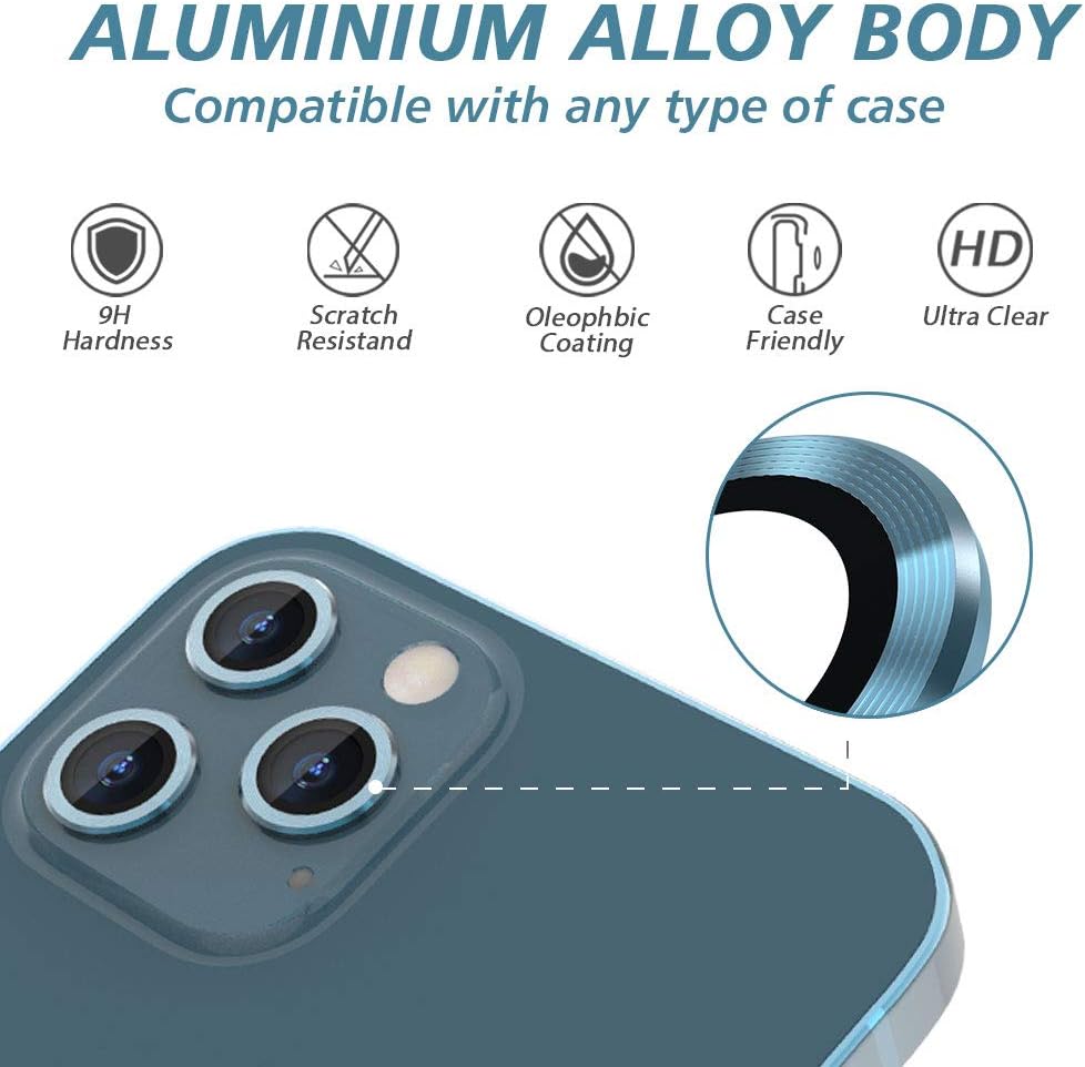 CloudValley Camera Lens Protector for iphone 12 Pro Max 6.7inches 2020, Tempered Glass Film, Aluminum Alloy Screen Cover, 3 Pack Pacific Blue, with Cleaning Kit