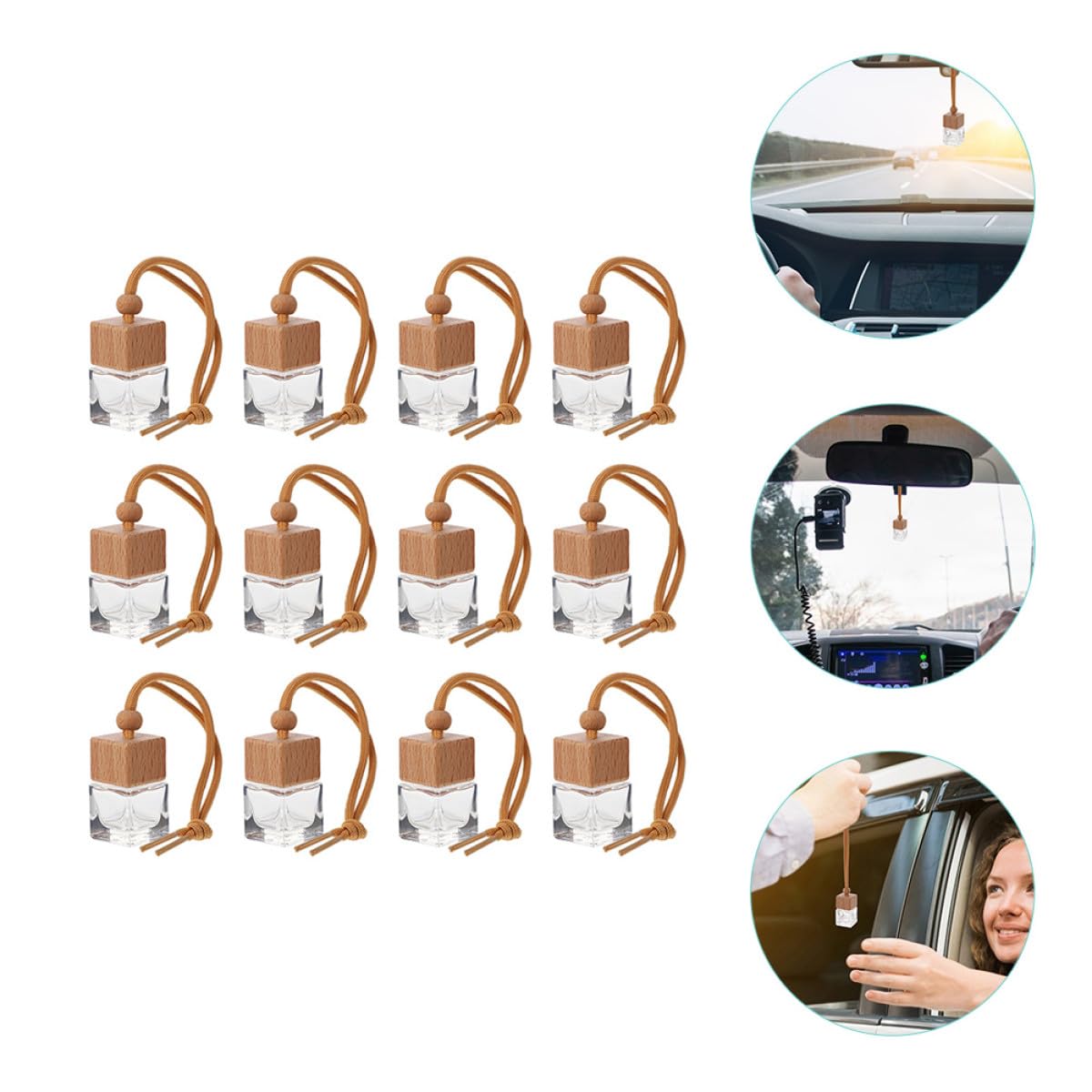12 Botellas Difusoras de Aromaterapia para Coche Vacías Tapa de Madera, Frascos Ambientadores Colgantes Transparentes, Set 12 Piezas para Aromatizar Interior Automóvil