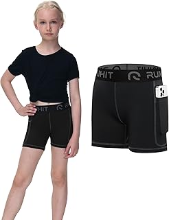 Runhit 4" Youth Girls Volleyball Shorts Spandex Girls Compression Shorts Biker Dance Kids Gymnastics Shorts with Pockets