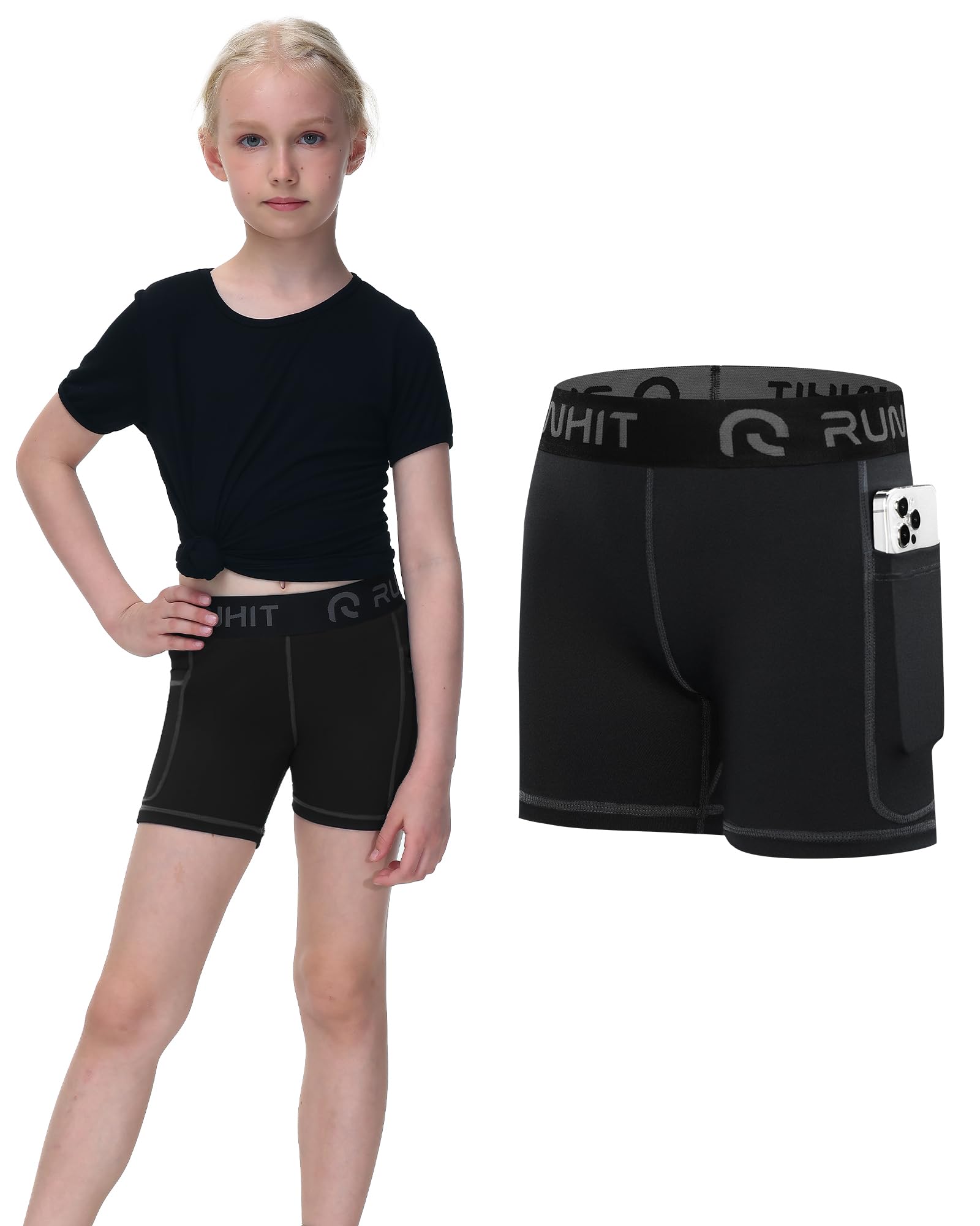 Runhit 4" Youth Girls Volleyball Shorts Spandex Girls Compression Shorts Biker Dance Kids Gymnastics Shorts with Pockets