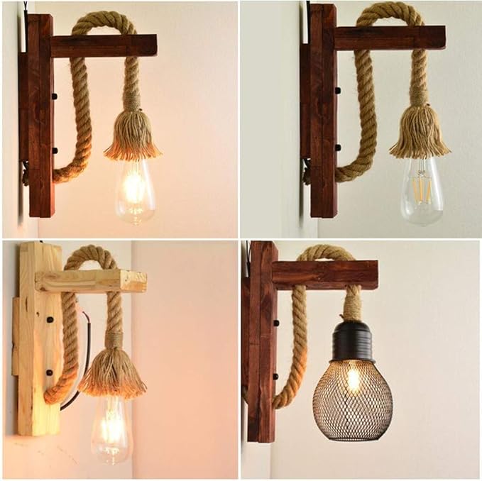 Ganeep Vintage industriële loft antieke hout enkele hoofd creatieve wandkandelaar lamp pure hand-geweven hennep touw wandlamp keuken bar decoratie lamp met E27-aansluiting (Kleur : B) photo 2