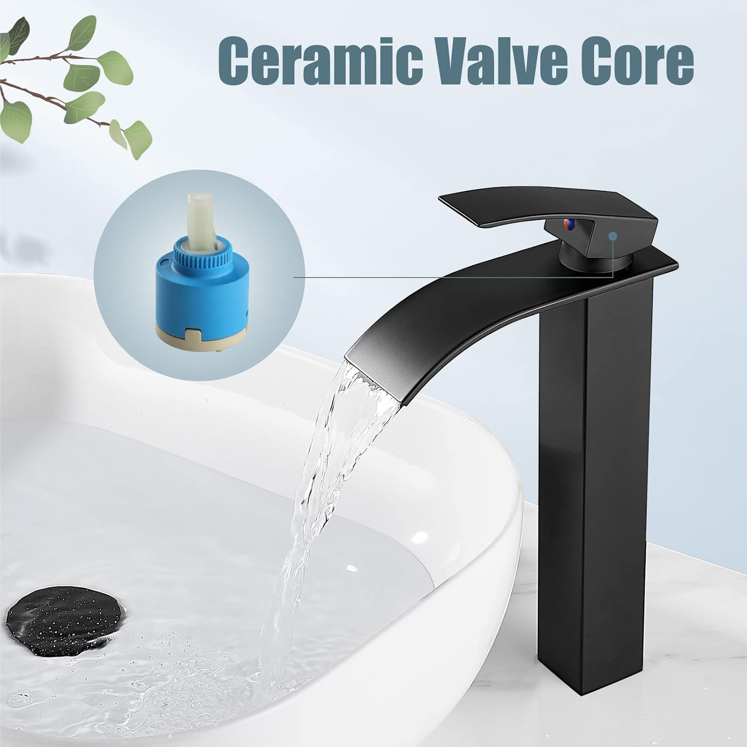 Aolemi Tall Bathroom Faucet Vessel Sink Faucet Single Hole 1 Handle Lavatory Vanity RV Deck Mount Mixer Tap with Pop Up Drain Assembly, Matte Black, Waterfall Spout