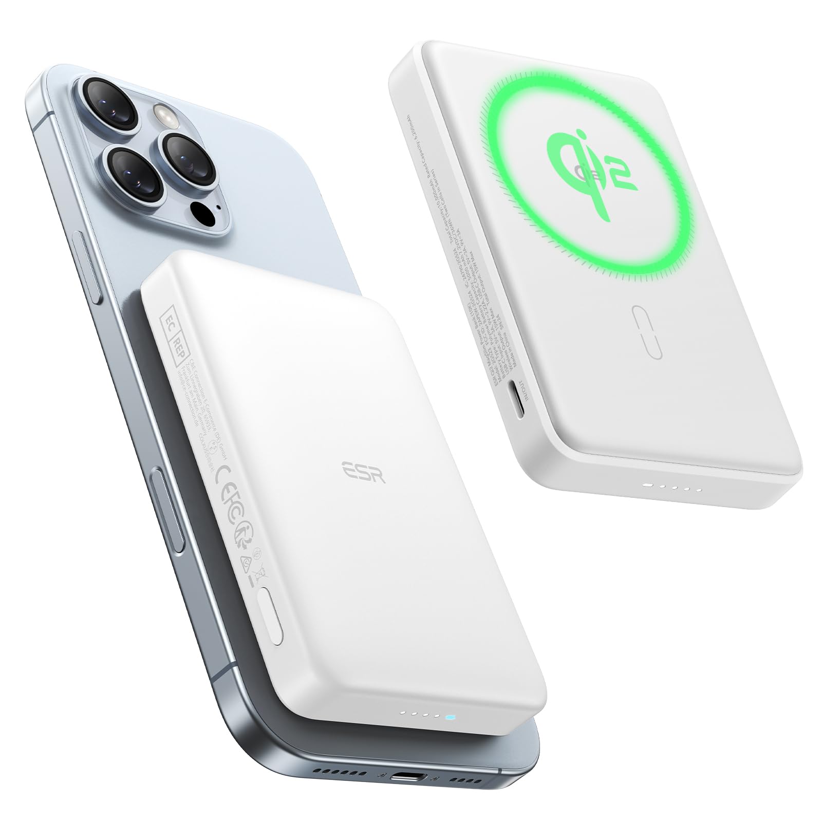 ESR for MagSafe Power Bank, Ultra-Compact 10,000mAh MagSafe Portable Charger, Qi2 Certified 15W Ultra-Fast Battery Pack, 27W USB-C MagSlim Charger with Cable for iPhone 17/16/15/14/13/12, White