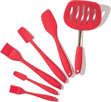 Kitchen Mama WaltzGrip Silicone Utensil Set 6-Piece Spatula, Basting Brushes, and Pancake Turner for Nonstick Cookware - Heat-Resistant, Dishwasher-Safe, Perfect for Baking Red