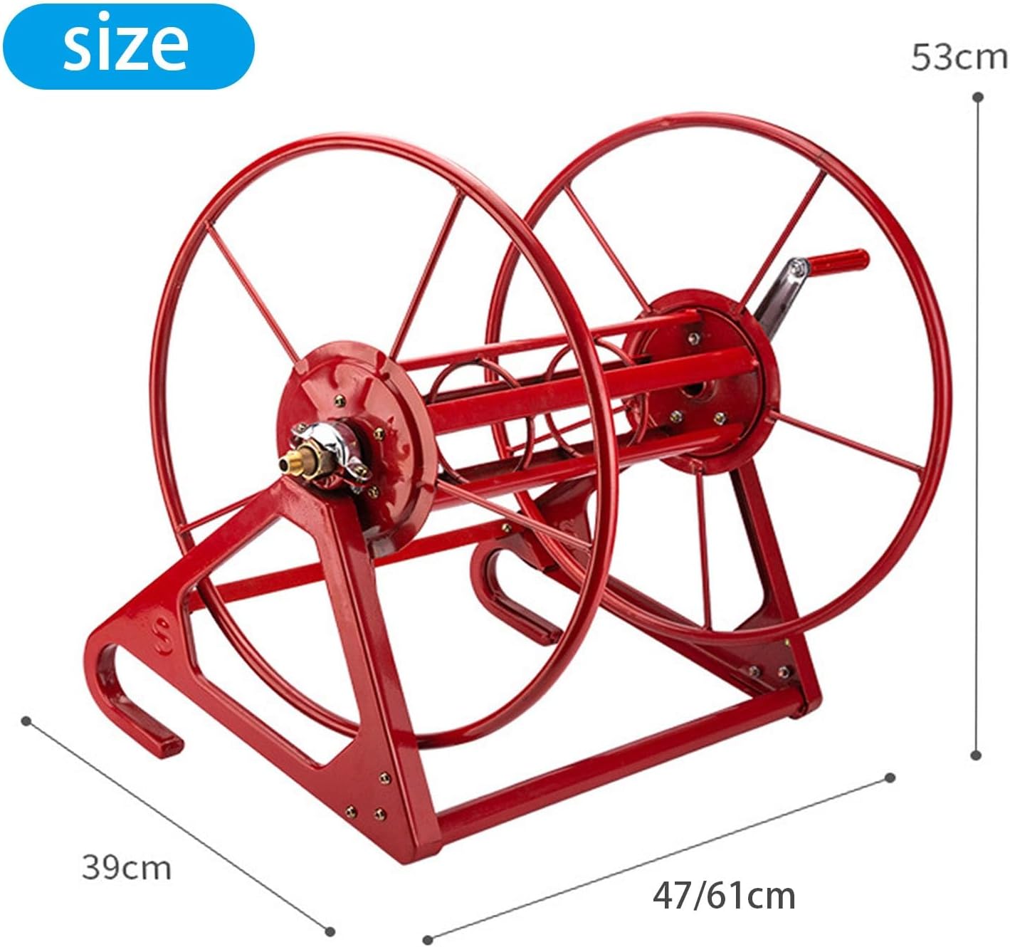 Large Capacity Hose Reel Storage Holder, Wall Mount Freestanding Garden Hose Organizer with Hand Crank, Hook design, Durable Metal Frame for Outdoor Watering Equipment(61x39x53cm)