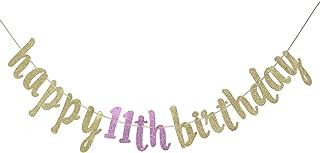 Happy 11th Birthday Banner for 11th Birthday Party Decorations (Gold & Pink)