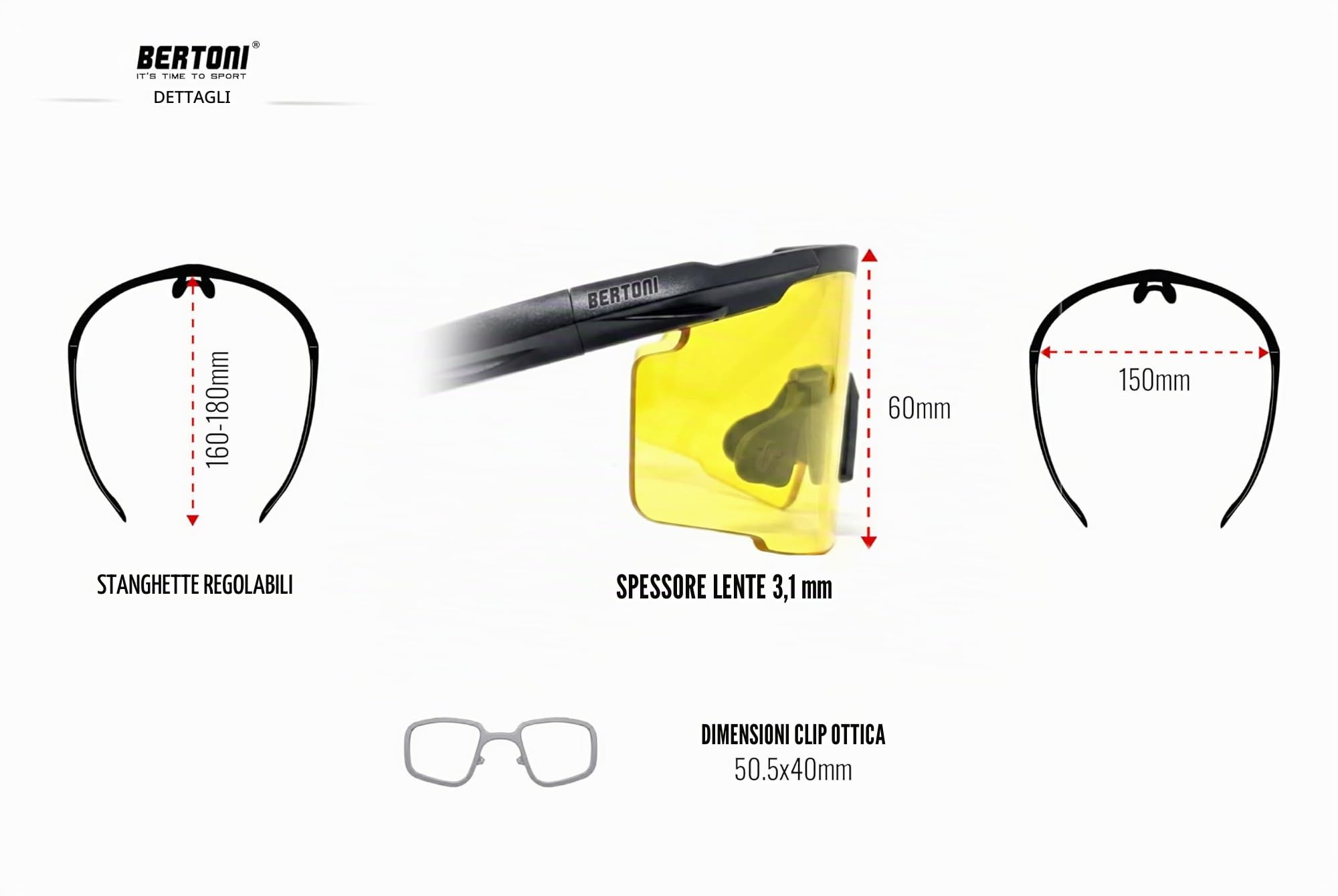 Bertoni Occhiali da Tiro Sportivo Poligono con 4 Lenti Intercambiabili e Clip Accessorio per Lenti da Vista Graduate – SH890N SOS Italy Occhiali Tattici Uomo e Donna per Shooting