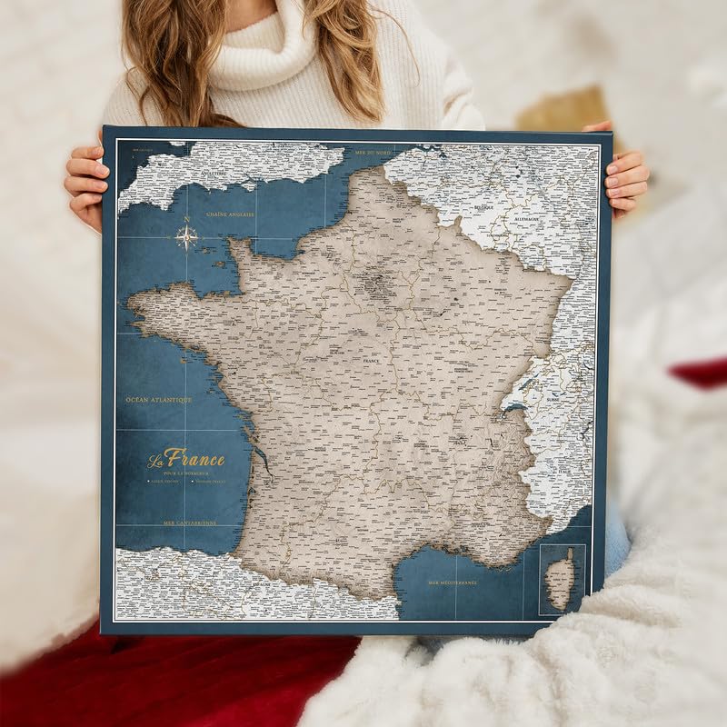 Carte de France sur toile avec tableau d'affichage en liège pour épingler les destinations - Tableaux de toile de carte de France de haute qualité de différentes tailles (80x80 cm Modèle 4)