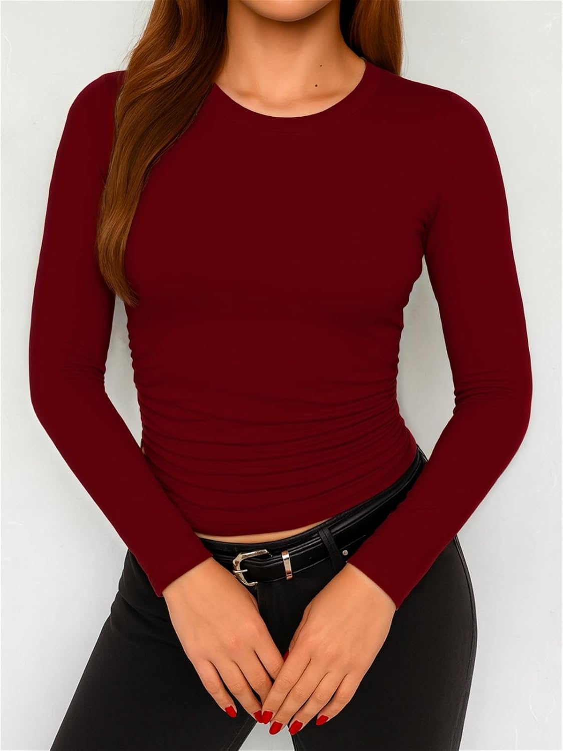 ForeFair Womens Long Sleeve Shirts Ruched Basic Going Out Tops Crew Neck Fall Winter Tee Casual Clothes - Image 2