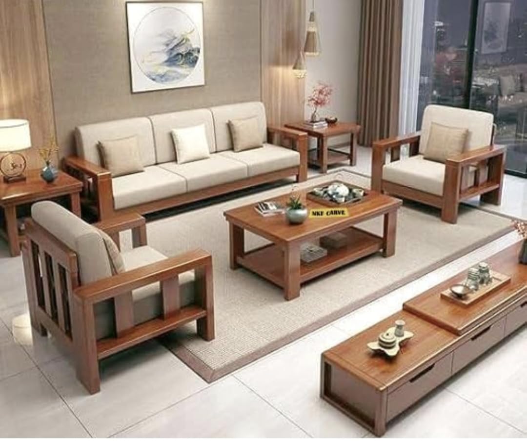 NKF CARVE Wooden Sofa Set 5 Seater With Center Table | Solid Sheesham Wood 5 Seater Sofa Set For Living Room | 5 Seater Sofa Set | Sofa Set With Coffee Table, (Sheesham Wood Honey Finish), Brown