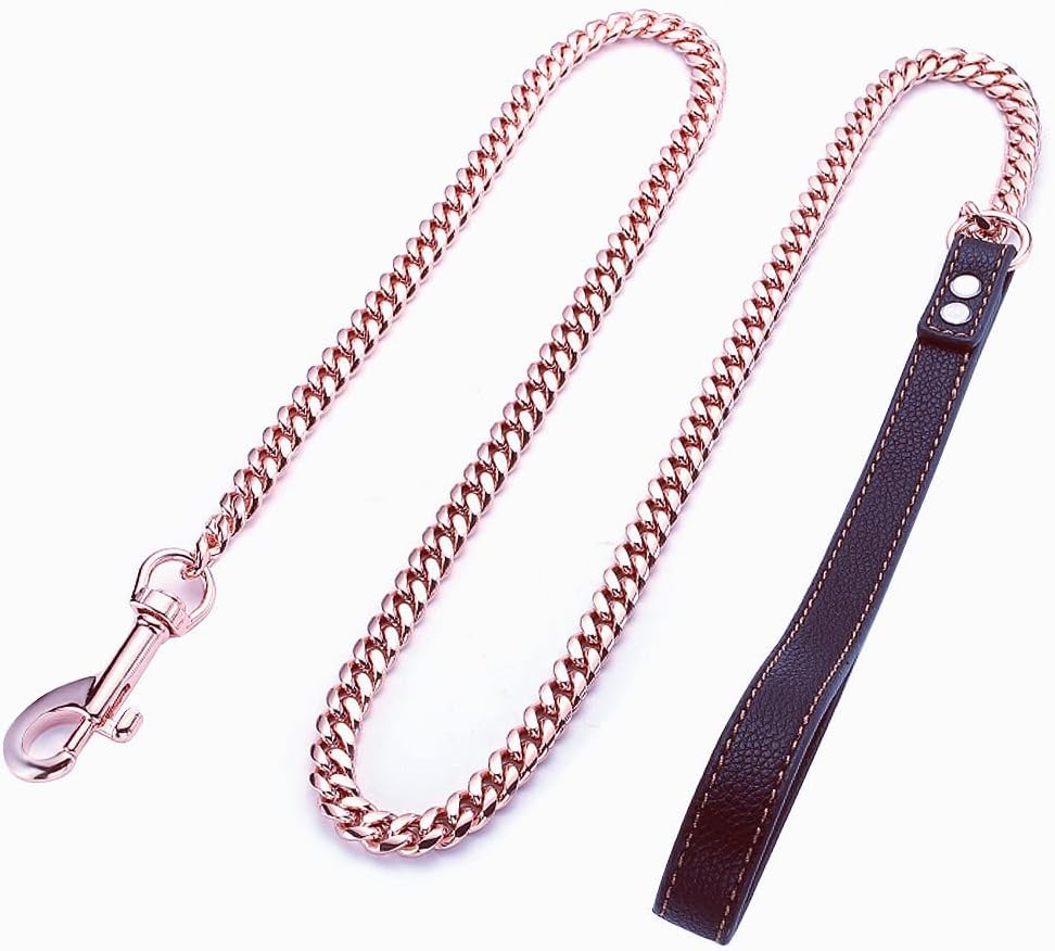 Rose Gold Dog Chain Leash 10MM 14MM Curb Cuban Link Chain Dog Leash Strong Chew Proof Stainless Steel Leash 3FT/4FT/5FT for Small Medium Large Dogs(10mm,5ft)…
