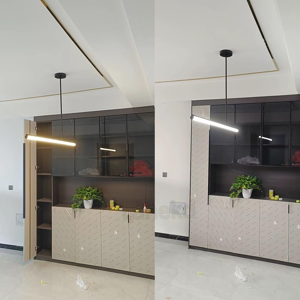 Lampada a Sospensione LED Lampadario Tavolo da Pranzo Cucina Dimmerabile Plafoniera Soggiorno Ufficio Moderno Lineare Lampadari Altezza Regolabile Sala da Pranzo con Telecomando Lampade (Nero, L100)