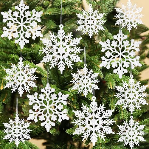 Image of 60pcs Snowflakes-Christmas Tree Decorations, Snowflake Ornaments for Tree, Plastic Glitter White Snow Flakes Ornaments, Christmas Indoor Winter Wonderland Decor